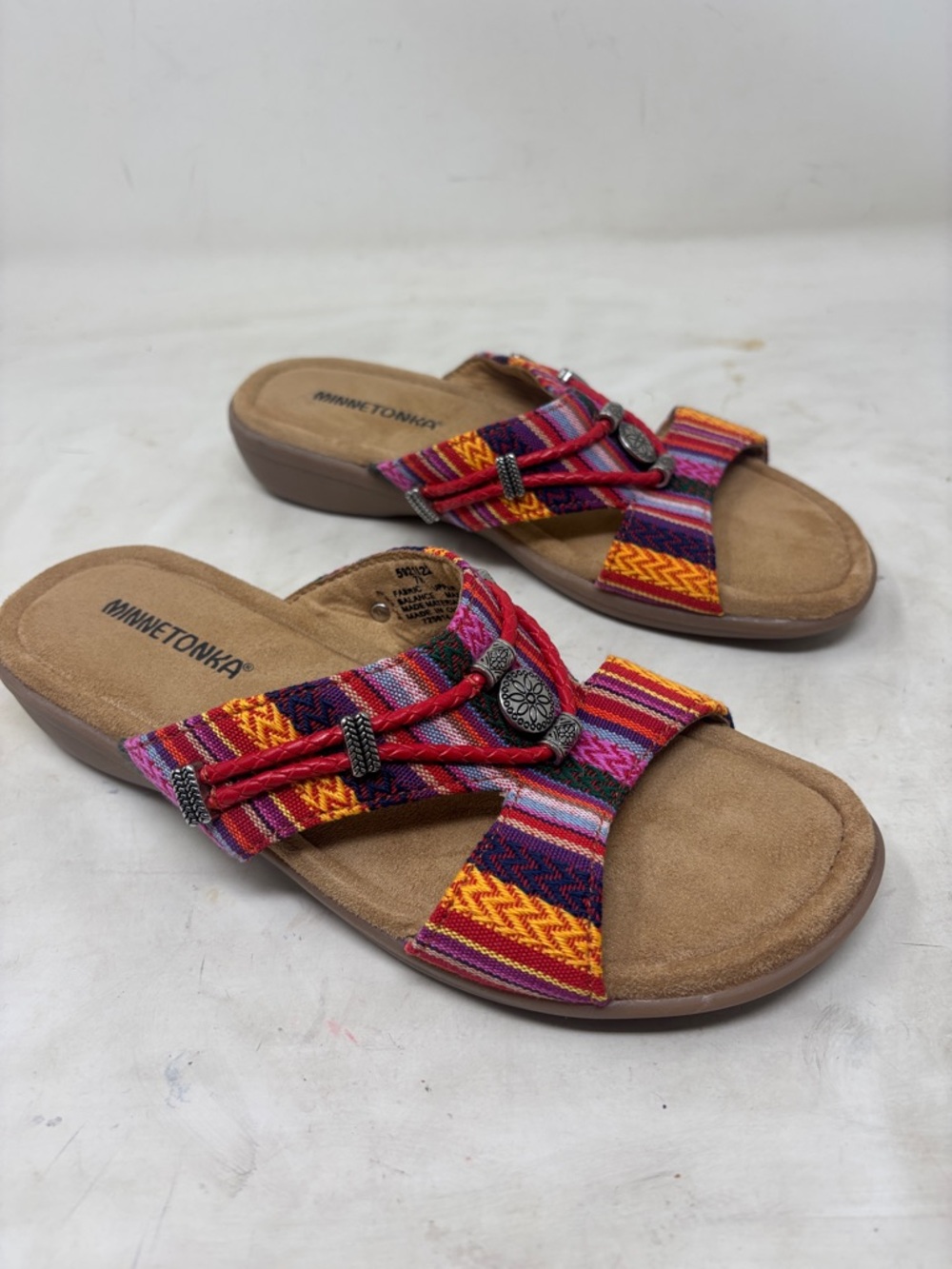 Minnetonka Women's Pink Orange Multicolor Woven Slide Sandals